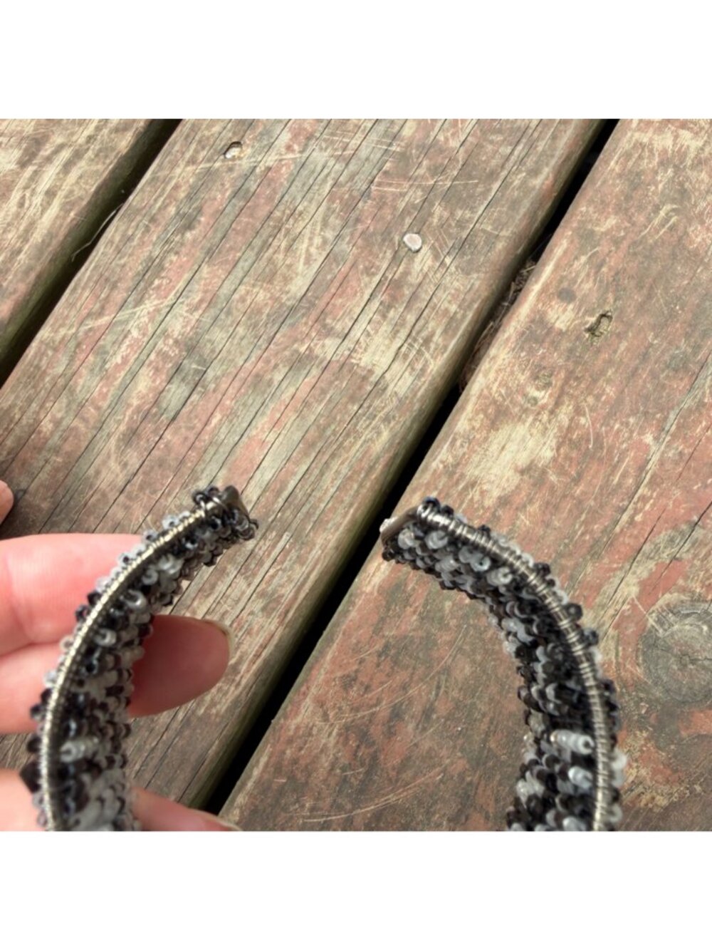 Handcrafted Black & Silver Beaded Cuff Bracelet With Sequins - Picture 4 of 4